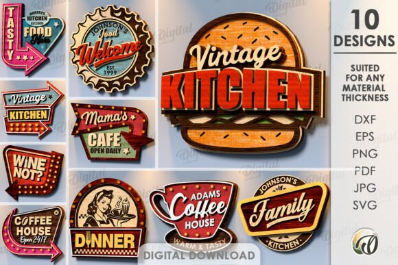 Kitchen Retro Wall Decors Bundle Laser