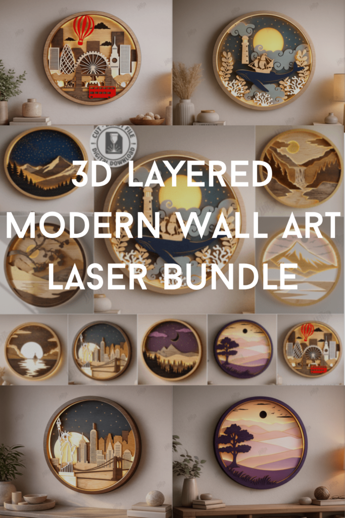3D Layered Wall Art Laser Cut | Circular Nature Landscape SVG | Multi Layer Shadow Box Designs | Wooden Round Scenic Decor | Glowforge Files | Modern Home Interior Art | Circular 3D Layered Vector Templates for Laser Cutting | DIY Scenic Wall Hanging Project | Digital Download | CNC File
This product is great for Laser Cutting Machines.
RED line – CUT
BLACK line – ENGRAVE
Just be sure your cutting machine and software are compatible!
This digital product includes zip archive:
-10 SVG files,
-10 EPS files,
-10 PNG files,
-10 PDF files,
-10 DXF files
Lightburn will sometimes distort the dimension of the files, especially when SVG file formats are used. If you’re working with Lightburn, we suggest using the DXF file format instead for better results.